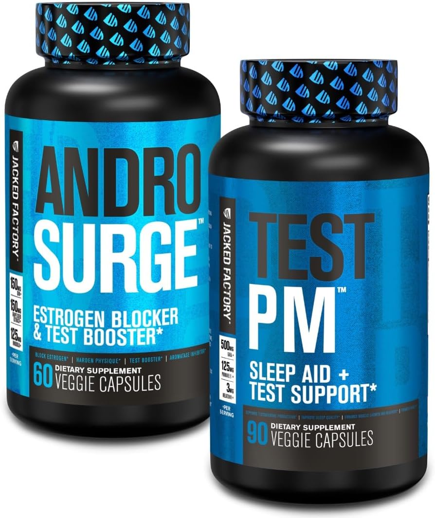 Jacked Factory Androsurge Estrogen Blocker & Testosterone Booster For Men (60 Capsules) & Test Pm Testosterone Booster & Sleep Aid Supplement For Men (90 Capsules)