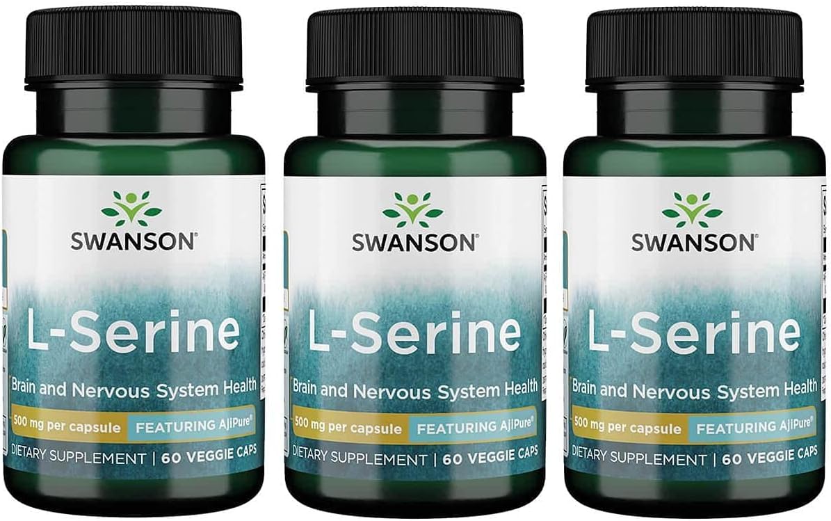 Swanson Ajipure L-Serine - Amino Acid Supplement Supporting Brain Health & Nervous System Function - Natural Formula Promoting Cognitive Function - (60 Veggie Capsules, 500Mg Each) 3 Pack