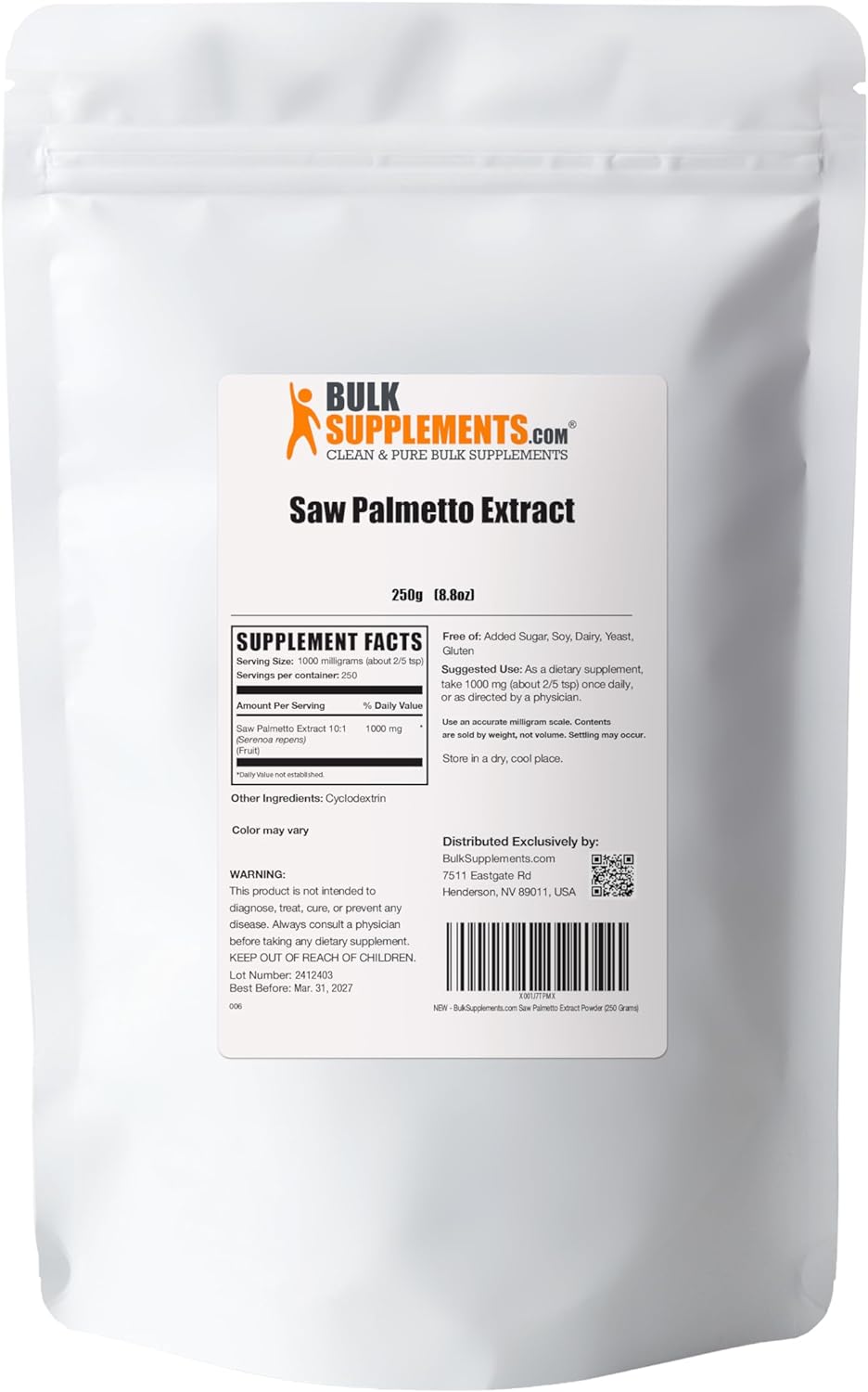 BulkSupplements.com Saw Palmetto Extract Powder - Serenoa Repens, Saw Palmetto Supplement, Saw Palmetto Powder - Vegan & Gluten Free, 1000mg per Serving, 250g (8.8 oz) (Pack of 1)