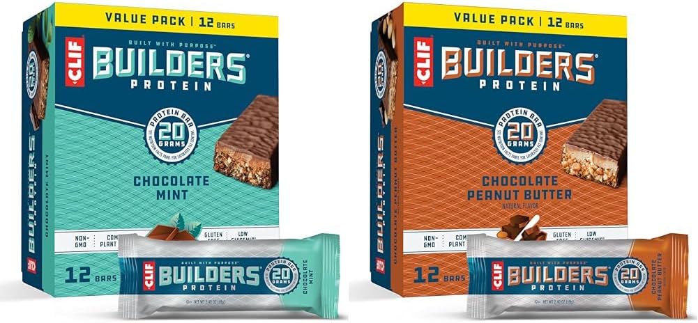 Clif Builders - Chocolate Mint Flavor - Protein Bars - Gluten-Free - Non-Gmo & Chocolate Peanut Butter Flavor - Protein Bars - Gluten-Free - Non-Gmo - Low Glycemic - 20G Protein - 2.4 Oz. (24 Count)