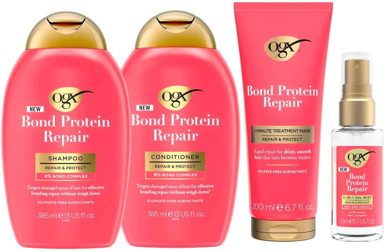 Ogx Bond Repair Essentials Bundle For Damaged, Normal/Thick Hair, Shampoo (385Ml) & Conditioner (385Ml), 1-Minute Treatment Mask (200Ml) And 3-In-1 Oil Mist (50Ml), Protection For Stronger Hair