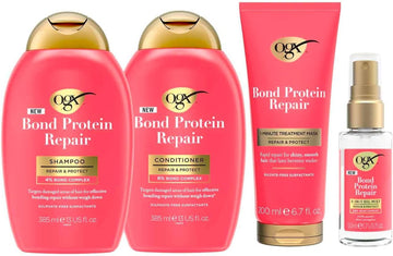 Ogx Bond Repair Essentials Bundle For Damaged, Normal/Thick Hair, Shampoo (385Ml) & Conditioner (385Ml), 1-Minute Treatment Mask (200Ml) And 3-In-1 Oil Mist (50Ml), Protection For Stronger Hair