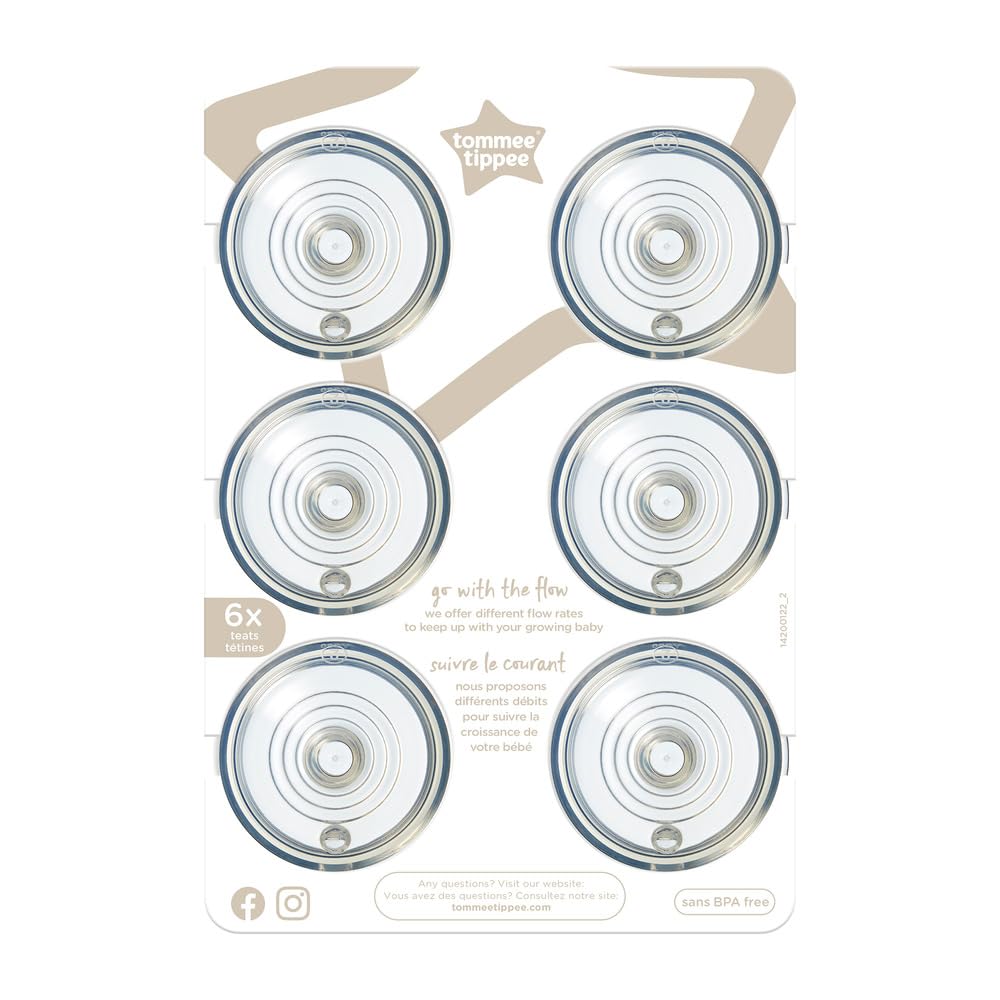 Tommee Tippee Closer To Nature Baby Bottle Nipples, Medium Flow Breast-Like, Anti-Colic Valve, Soft Silicone (3M+, 6 Count)
