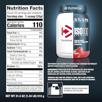 Dymatize Iso100 Whey Protein Powder Isolate, Strawberry, 25G Of Protein, 20 Servings, 5.5G Bcaas, Less Than 120 Cal., Gluten Free, 1G Fat, 1G Sugar, 2G Carb