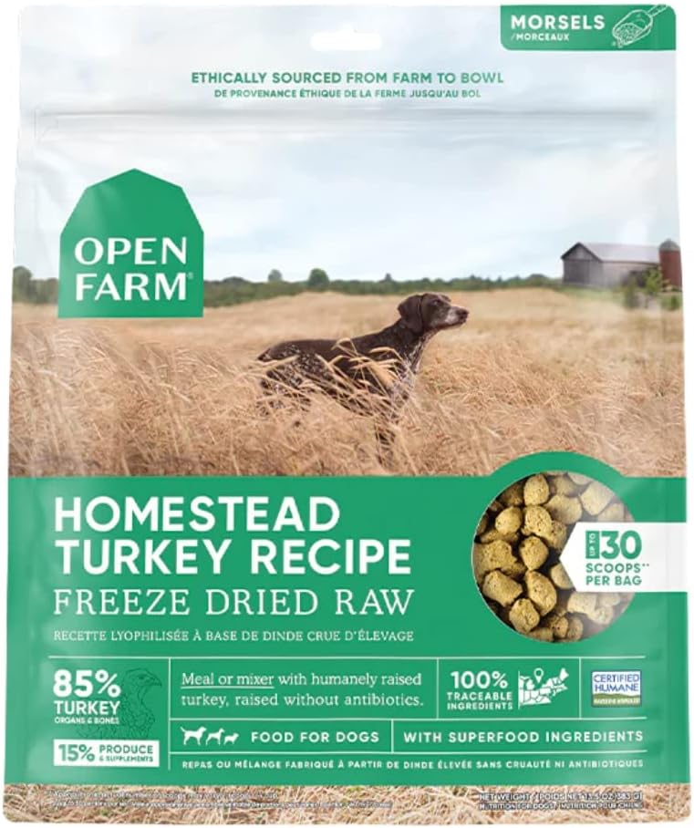 Open Farm Freeze Dried Raw Dog Food, Humanely Raised Meat Recipe with Non-GMO Superfoods and No Artificial Flavors or Preservatives (13.5 Ounce (Pack of 1), Homestead Turkey Recipe)