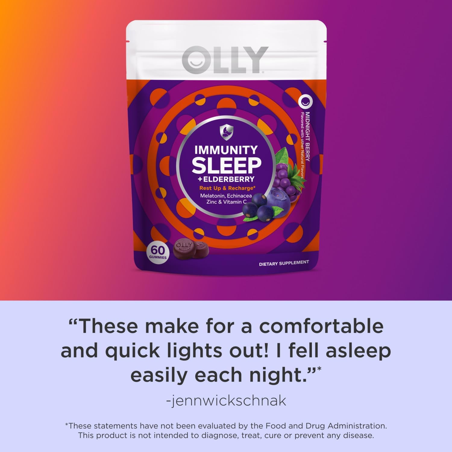 OLLY Immunity Sleep Gummy, Immune and Sleep Support, 3mg Melatonin, Echinacea, Zinc, Vitamin C, Chewable Supplement, Berry - 60 Count : Health & Household