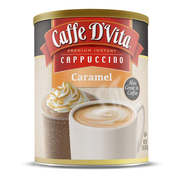 Caffe D’Vita Caramel Cappuccino Mix - Caramel Instant Coffee, Latte Mix, Gluten Free, No Cholesterol, No Hydrogenated Oils, No Trans Fat, 99% Caffeine Free, Instant Coffee Drink - 16 Oz Can, 6-Pack