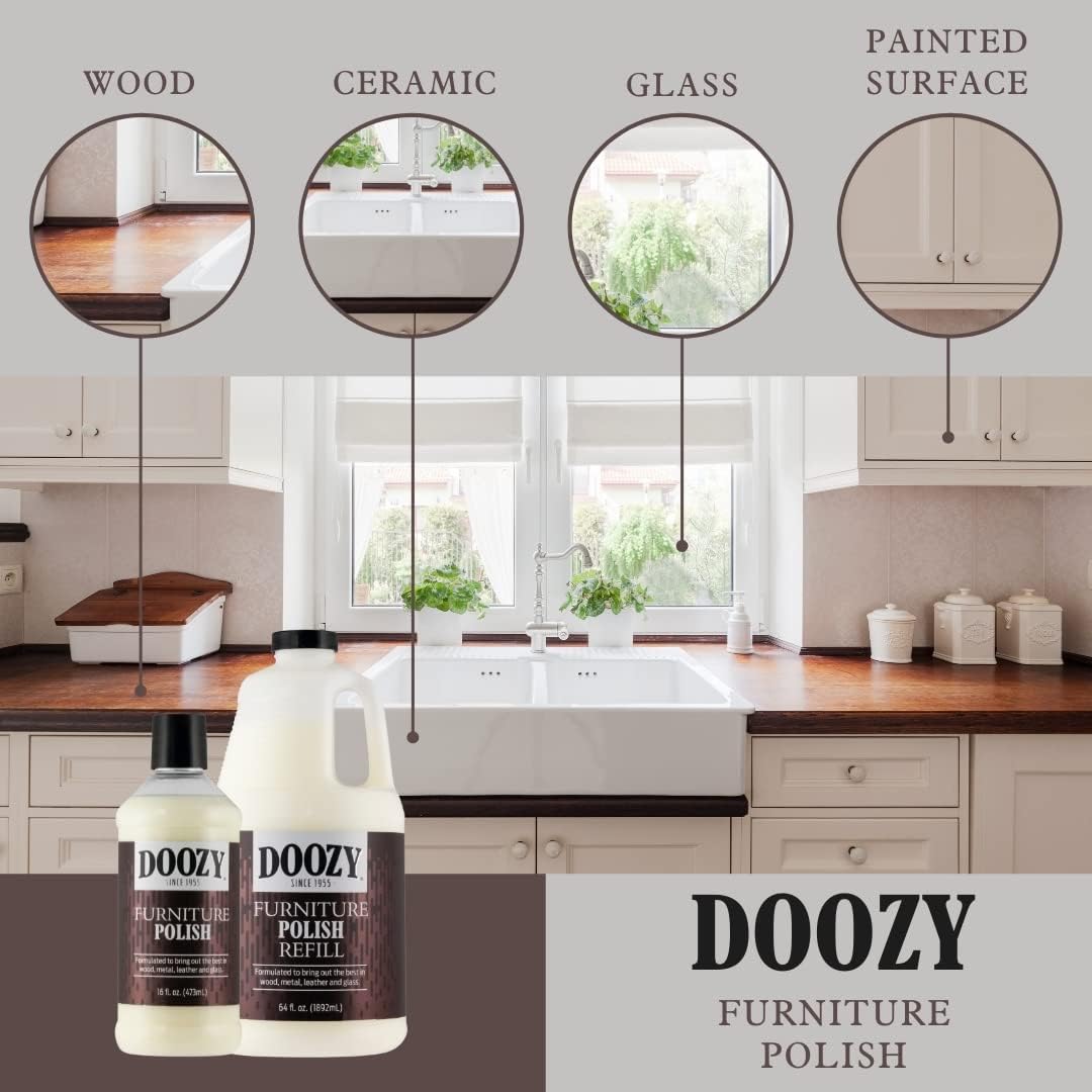 Doozy 64 oz Furniture & Cabinet Polish for All Wood & Metal, Leather & Glass - Oak, Teak, Dark & Light Wood - Best to Clean, Restore, Protect, Shine & Conceal Fine Surface Scratches : Health & Household