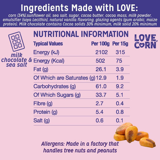 Love Corn Milk Chocolate & Sea Salt Crunchy Corn Snack 90G X 6 Bags – Chocolate Multipack Snacks Ideal For Gluten Free Diets – Chocolate Gift – Perfect To Graze On