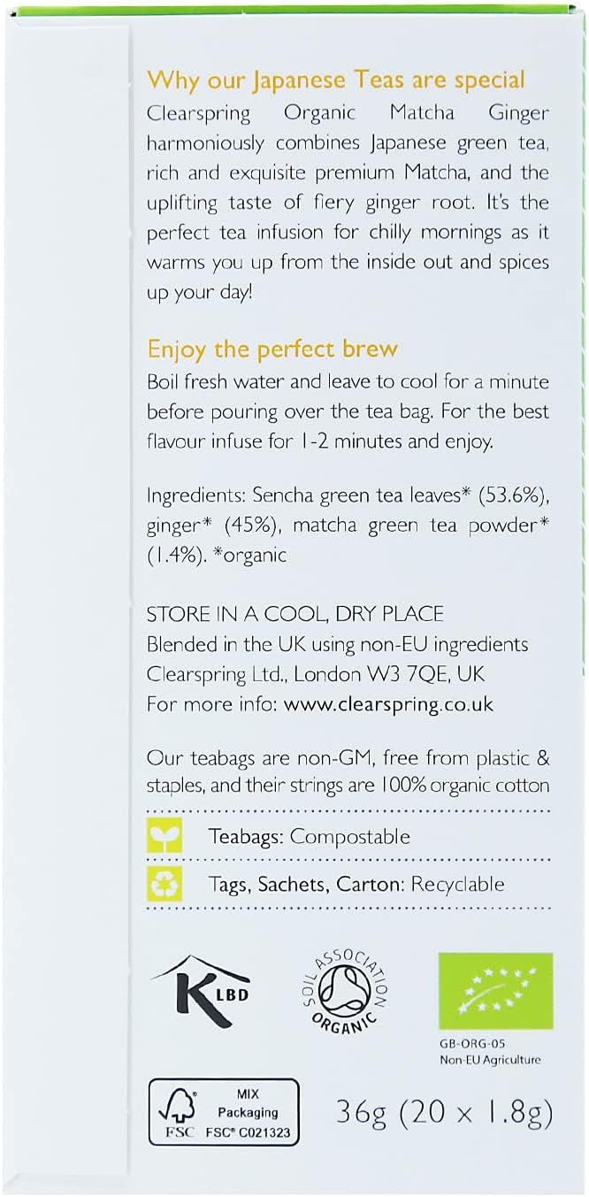 Clearspring Organic Japanese Matcha Ginger - 20 Tea Sachets : Amazon.co.uk: Grocery