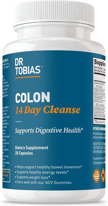 Dr. Tobias Colon 14 Day Cleanse, Advanced Gut Cleanse Detox For Women & Men With Cascara Sagrada, Psyllium Husk, Senna Leaf & Probiotics, Non-Gmo Colon Cleanse, 28 Capsules 1-2 Daily