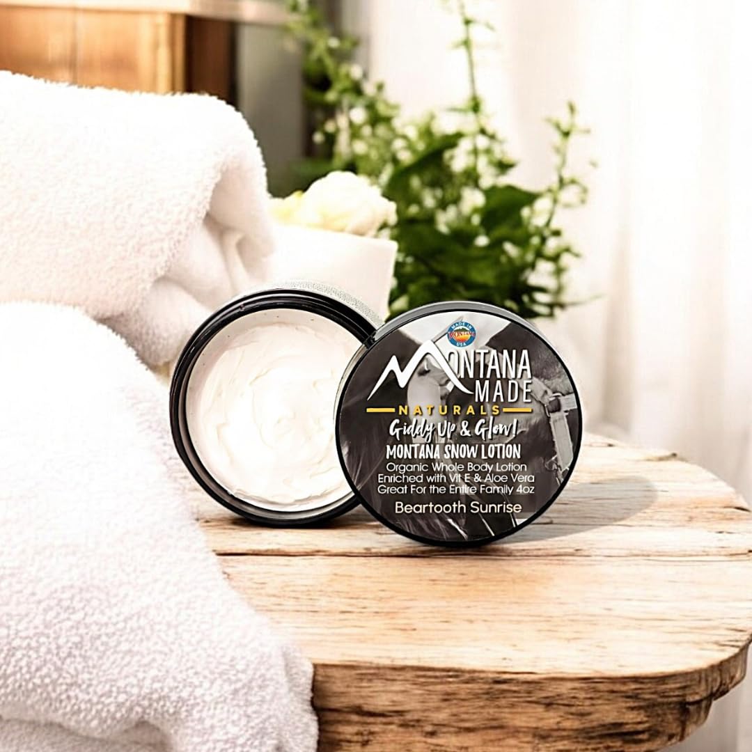 Montana Snow Lotion - Organic Handmade Hydrating Daily Moisturizing Lotion For Extremely Dry Skin, Shea Body Lotion, 100% Natural Non Toxic Body Lotion, Vit E And Aloe Vera 4Oz