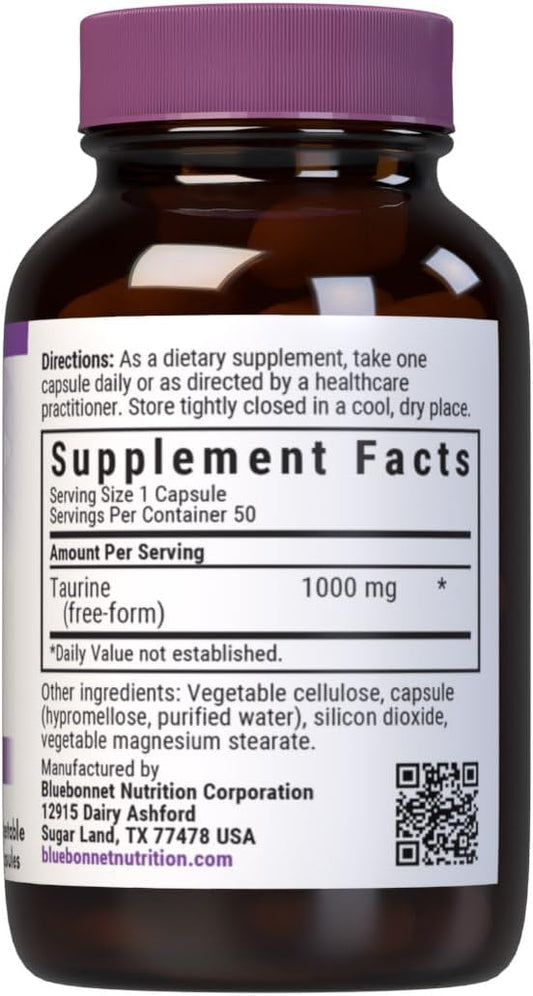 Bluebonnet Nutrition Taurine 1000 Mg, Nervous System Health*, Non-Gmo, Vegan, Kosher Certified, Gluten-Free, Soy-Free, 50 Vegetable Capsules, 50 Servings