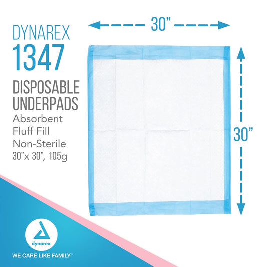 Dynarex Disposable Underpads, Medical-Grade Incontinence Bed Pads To Protect Furniture, 30”X30” (105G), With Polymer, 1 Case Of 100 Pads (50 / Box),White