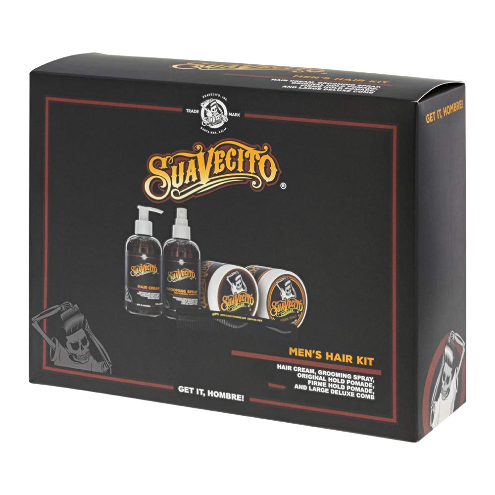 Suavecito Men'S 5 Pc Hair Kit - Original & Firme (Strong) Hold Medium Shine Pomade, Hair Cream And Grooming Spray, Large Deluxe Comb