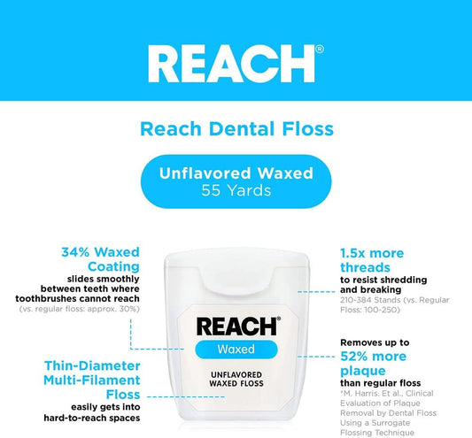 Reach Waxed Dental Floss | Effective Plaque Removal, Extra Wide Cleaning Surface | Shred Resistance & Tension, Slides Smoothly & Easily, PFAS Free | Unflavored, 55 Yards, 1 Pack