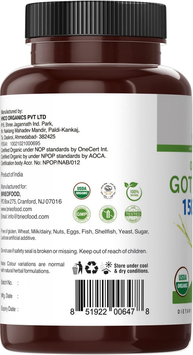 Brieofood Organic Gotu Kola 1500Mg, 45 Servings, Vegetarian, Gluten Free, 90 Vegetarian Tablets : Health & Household