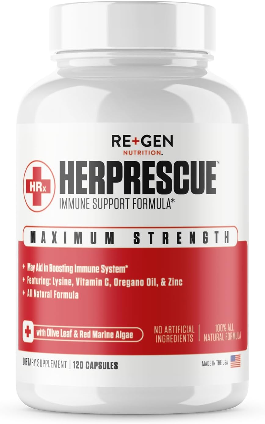 Re+Gen Nutrition HERPRESCUE Outbreak Support Supplement, Cold Sore Care for Adults, Natural Capsules w/Zinc, Vitamin C, & L lysine Amino Acid for Immune Health, 120 Capsules