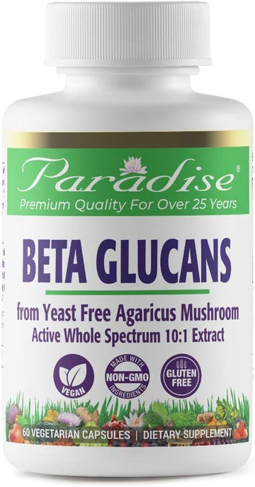 Paradise Herbs Beta Glucans, From Yeast Free Agaricus Mushrooms, Vegan, Non Gmo, Gluten Free, 60 Count Vegetarian Capsules