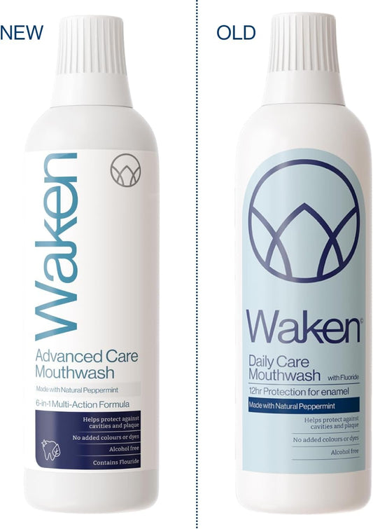 Waken Advanced Care Mouthwash, Alcohol Free With Natural Mint Extracts, 6-In-1 Protection, Vegan, Fluoride Mouthwash For Clean Teeth, Fresh Breath & Oral Care, 500Ml,Packaging May Vary