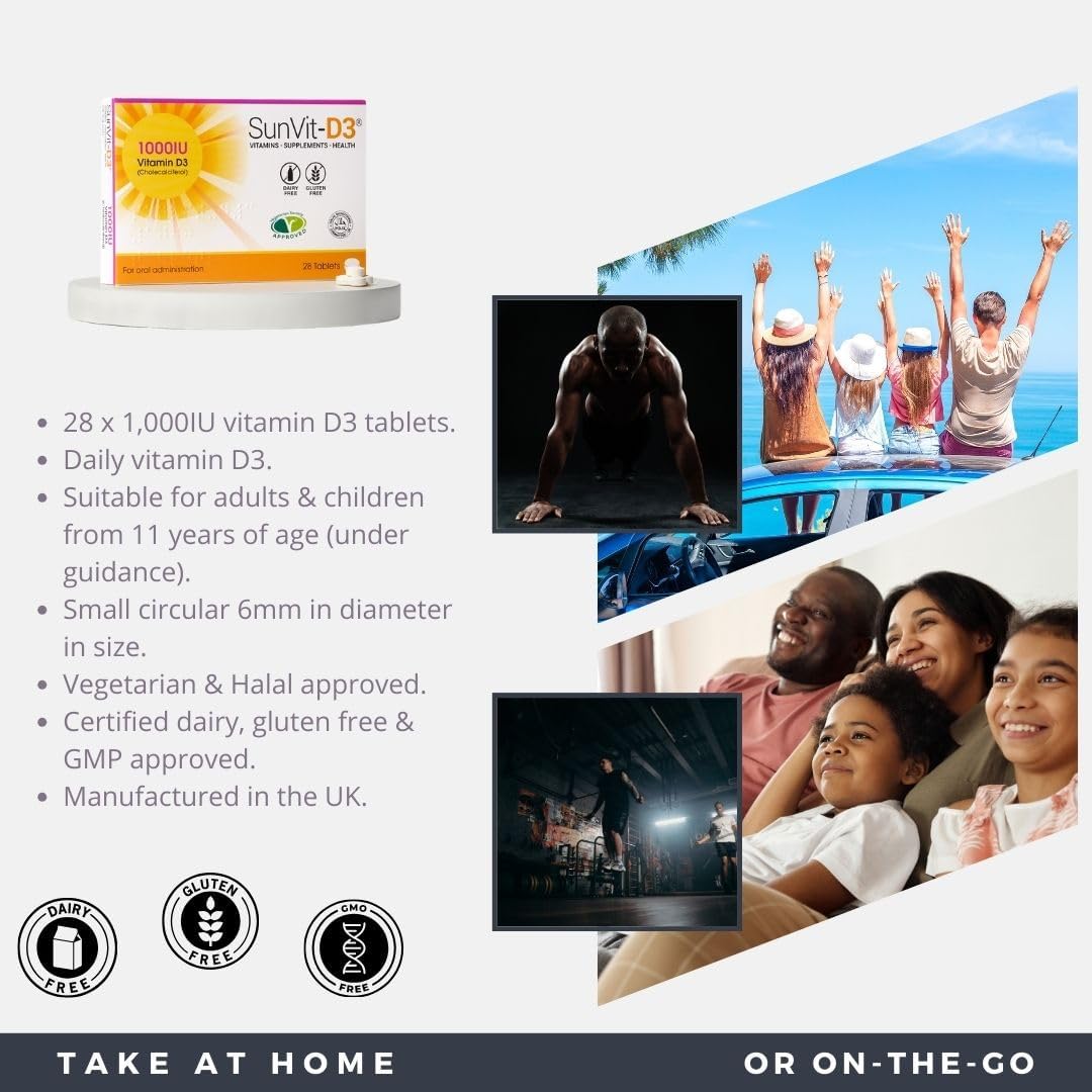 SunVit-D3 Vitamin D3 1000 iu - High Strength Vitamin D Tablets Support the Maintenance of Bone, Teeth, Muscle & Immune System | Made in UK & GMP Approved | Dairy & Gluten free - D3 Vitamins 28 Tablets : Amazon.co.uk: Health & Personal Care