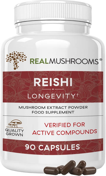 Real Mushrooms Reishi Capsules - Organic Mushroom Extract Supplement with Potent Red Reishi Mushroom for Longevity, Mood, Sleep, & Immune Support - Vegan Mushroom Supplement, Non-GMO, 90 Caps