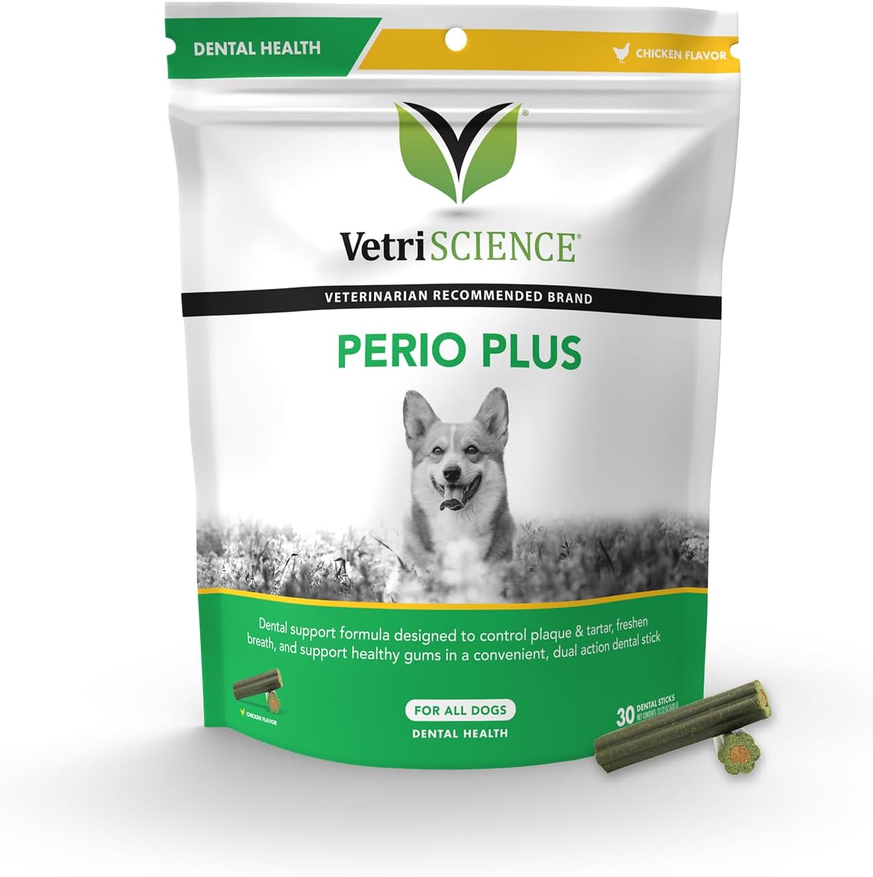 VETRISCIENCE Perio Plus for Dogs, Chicken Liver, 30 Stix - Fresh Breath, Gums and Plaque Control - Crunchy Outside, Soft Inside, Green (090019A.030)