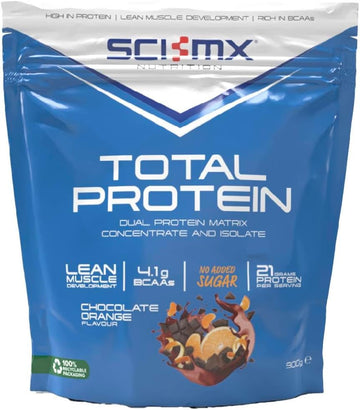 Sci-Mx Total Protein - Concentrate & Isolate Protein Powder - Lean Muscle Development - Chocolate Orange • No Added Sugar • 4.1G Bcaas + 21G Protein Per Serving • 900G