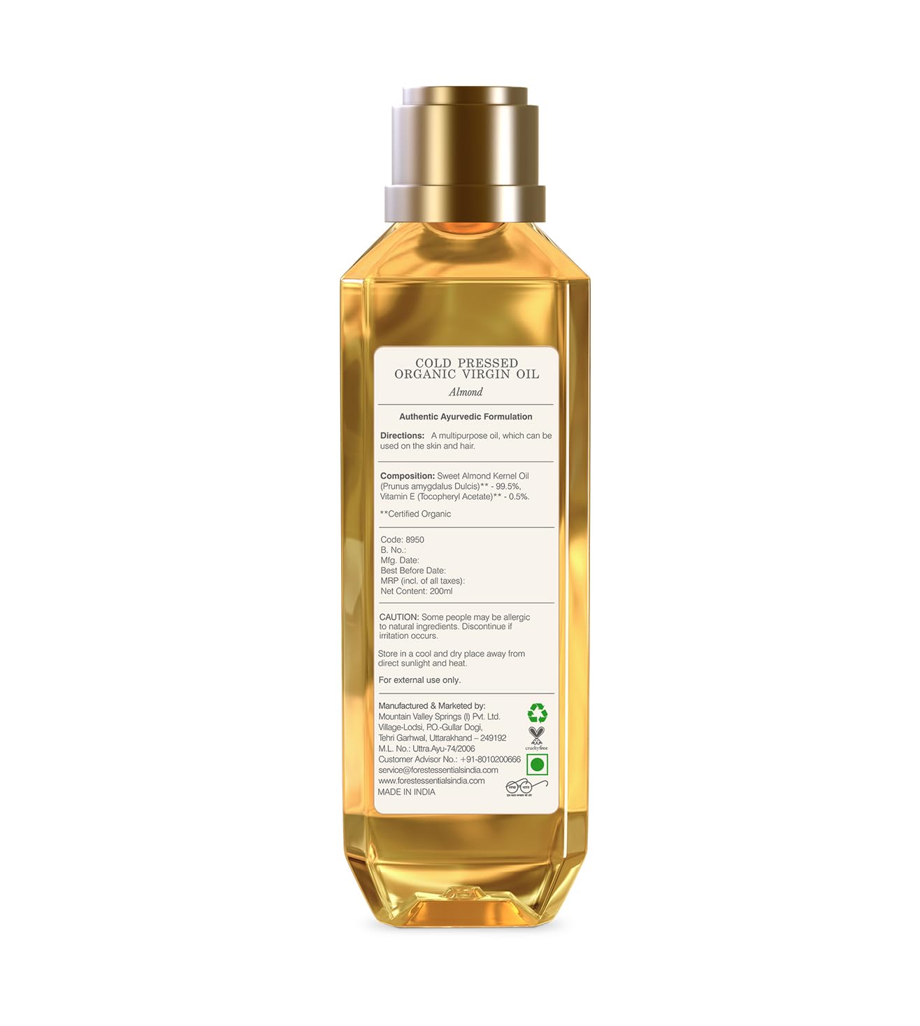 Forest Essentials Organic Cold Pressed Virgin Almond Oil - 200Ml : Personal Care Products : Beauty & Personal Care