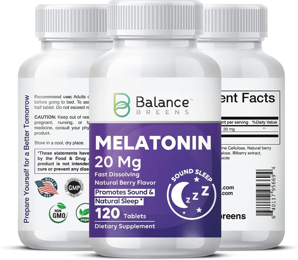 Melatonin 20mg Fast-Dissolve 120 Tablets - Natural Berry avor, Non-Habit Forming - Fall Asleep Faster, Stay Asleep Longer, Natural Sleep Aid - Non-GMO, Gluten-Free, Vegan Tablets by Balance Breens