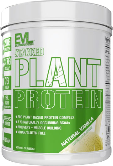 Evlution Nutrition Stacked Plant Protein Powder, Vegan, Non-Gmo, Gluten-Free, Probiotics, Bcaas, Fiber, Plant-Based Protein Complex, 1.5 Lb (Natural Chocolate)