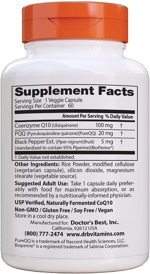 Doctor's Best High Absorption CoQ10 Plus PQQ, Gluten Free, Naturally Fermented, Vegan, Heart Health & Energy Production, 60 Veggie Caps