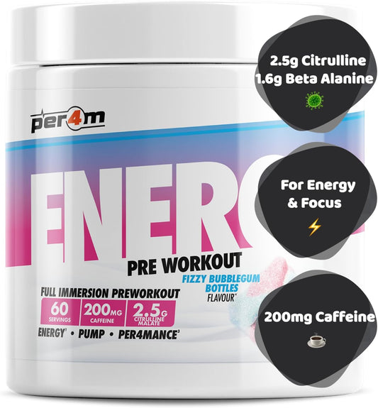 Per4M Energy Pre Workout With Amino Acids | Caffeine, Tyrosine, Citrulline & Theobromine | Endurance, Focus & Sustained Power | 60 Servings (390G, Cherry Fizz)