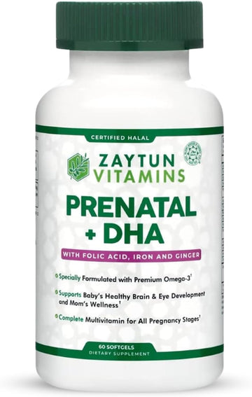 Halal Prenatal Vitamins + Dha, Folic Acid Iron, Ginger For Soothing, One Daily, For All Pregnancy Stages, Gluten Free, Non-Gmo, 60 Softgels