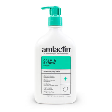 Amlactin Calm & Renew Lotion, 14.1 Oz - Therapeutic Body And Face Moisturizer For Sensitive Skin - Exfoliator And Body Lotion For Dry Skin With Lactic Acid Aha And Soothing Ginger Root