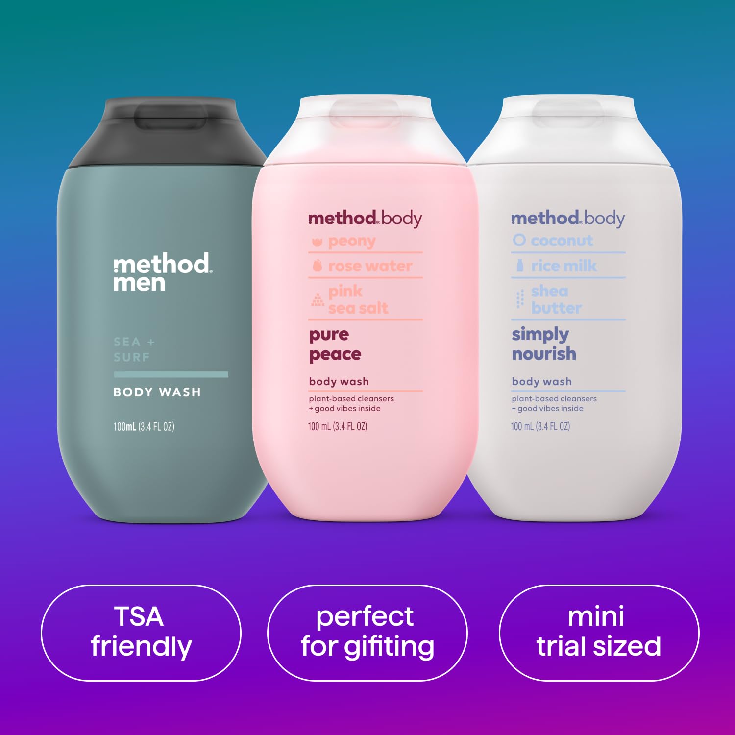 Method Body Wash Gift Set, Pure Peace, Simply Nourish And Sea + Surf, 3.4 Oz Travel Size Bottles : Beauty & Personal Care