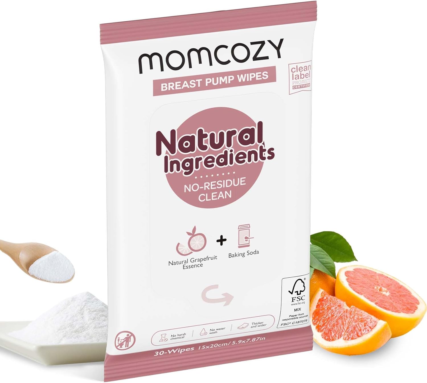 Momcozy Natural Breast Pump Wipes For Pump Parts Cleaning On-The-Go, 30 Count, Flash Clean & Resealable Pump Wipes