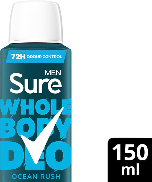 Sure Men Ocean Rush Whole Body Deodorant Men'S Deodorant Spray With A Herbal & Woody Fragrance For 72 Hour Odour Control 150 Ml