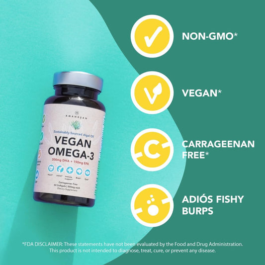 Amandean Vegan Omega 3 Supplement. Premium Fish Oil Alternative. Algae Dha & Epa. Carrageenan Free Softgels. Algal Essential Fatty Acids. Plant Based Heart, Brain, Eye, Skin, Immune Support. (120Ct)