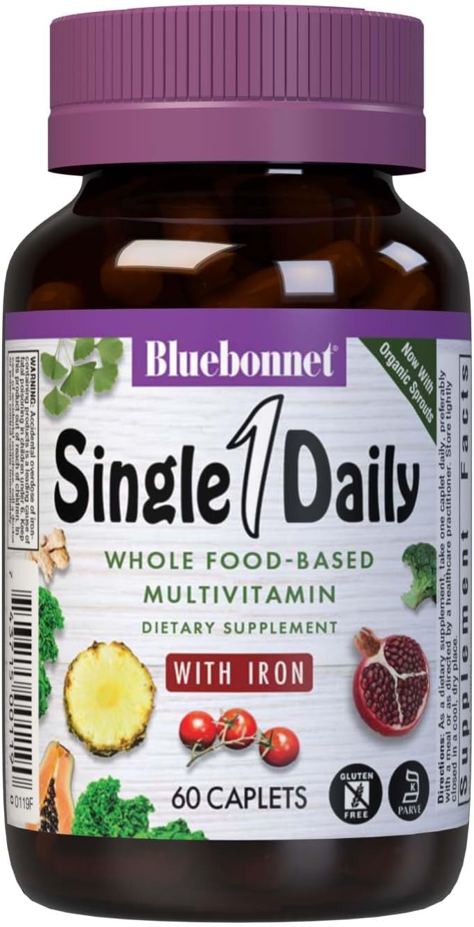 Bluebonnet Nutrition Super Earth* Single Daily* Multiple (With Iron), For Daily Nutritional Support*, Gluten-Free, Kosher Certified, Dairy Free, Vegetarian Friendly, 60 Caplets, 60 Servings