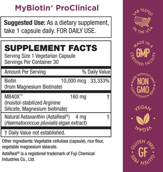 Purity Products MyBiotin ProClinical – Thicker Hair in 3 Weeks & Fights Wrinkles - MB40X Patented Biotin Matrix w/Astaxanthin 40X More Soluble vs Ordinary Hair, Skin Nails 30 Veg Caps