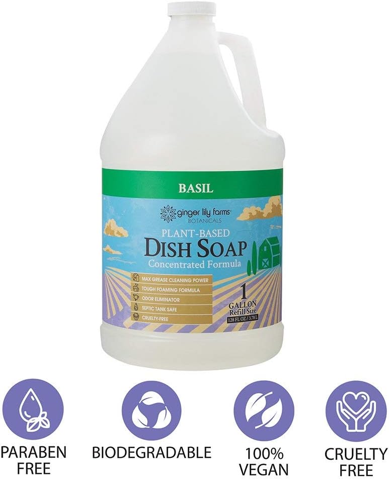 Ginger Lily Farms Botanicals Plant-Based Liquid Dish Soap, Concentrated Formula with Max Grease Cleaning Power, Cruelty-Free, Basil Scent, 1 Gallon Refill (128 Fl. Oz.) (Pack of 4) : Health & Household