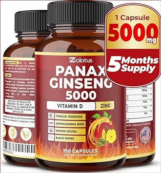 Zolotus 7 in 1 Premium Panax Ginseng + Tribulus Terrestris, 5 Months Supply, 5000 mg per Capsule wtih Ashwagandha, Gingko Biloba