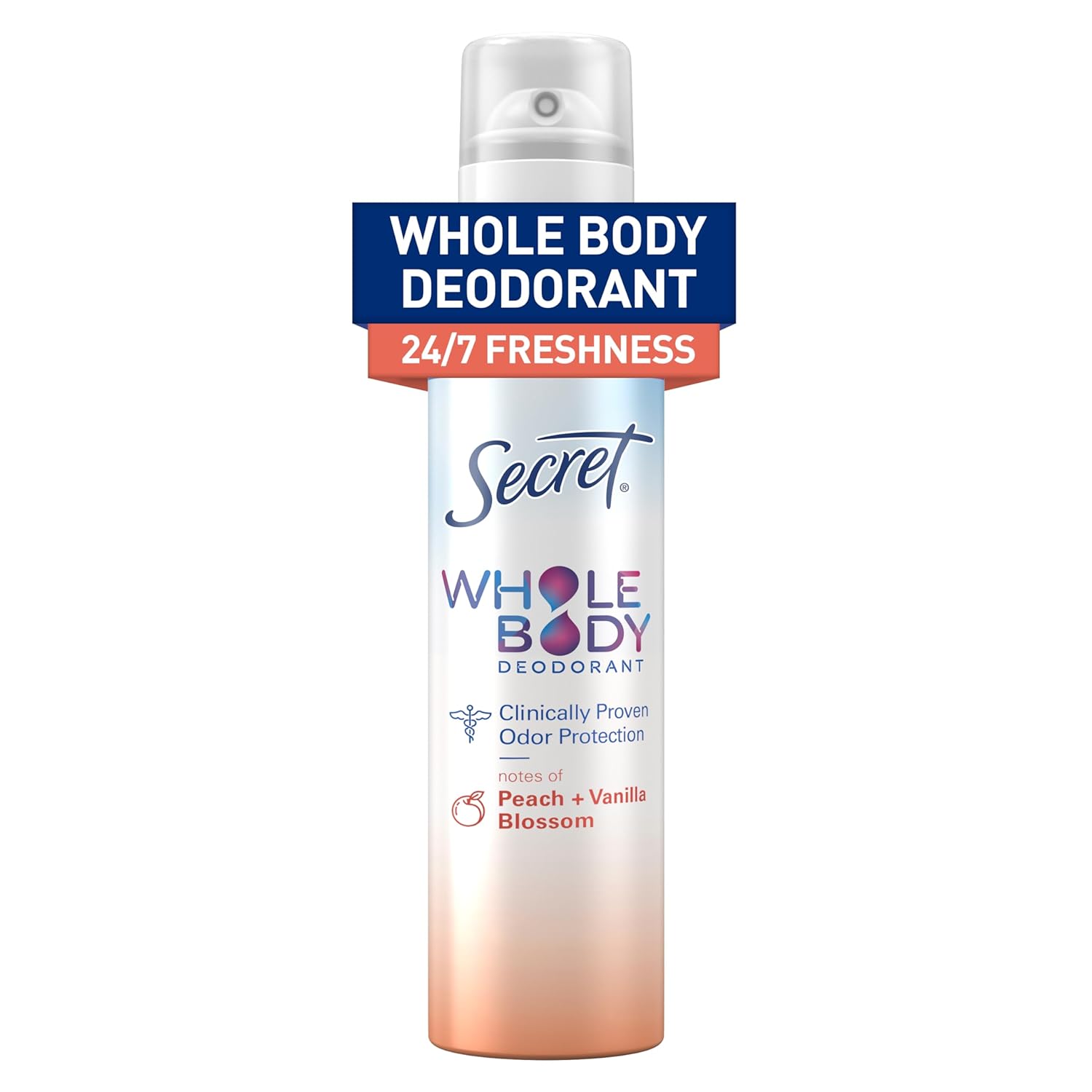 Secret Whole Body Deodorant For Women, Peach & Vanilla Scent, Aluminum Free Deodorant Spray, 72 Hr Odor Protection, 3.5 Oz