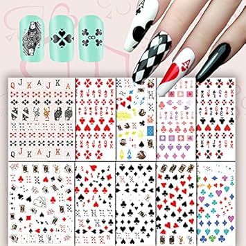 10 Sheets Self-Adhesive Poker Nail Art Stickers, Playing Card Pattern Nail Decals For Nail Art Diy Design, Geometric Numbers Letter Style Manicure Decorations Sticker For Women/Girls