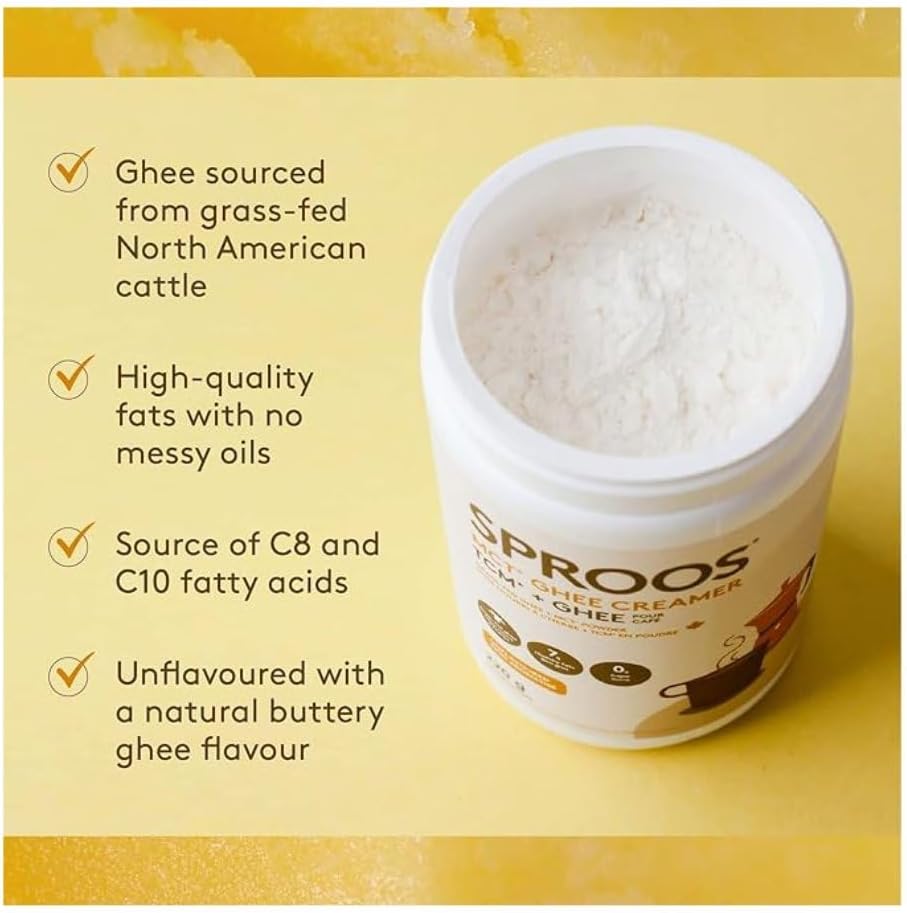 SPROOS Keto Creamer Beverage MCT Powder, Coconut Oil, Grass-Fed Butter & Organic Ghee-Healthy Fats, Optimal Brain Health Creamy, Buttery Flavour-Sugar Free-22-Day Supply, White, 220 g : Amazon.co.uk: Health & Personal Care