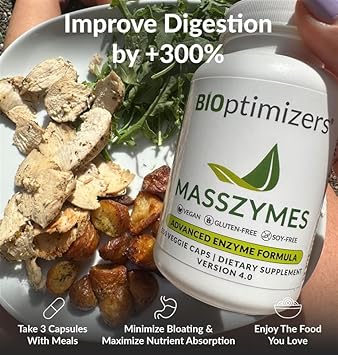 Bioptimizers Masszymes - Complete Digestive Enzymes Supplement For Gut Health - Bloating Relief For Men And Women - Lipase Amylase Bromelain Digestive Enzymes (30 Capsules) : Health & Household