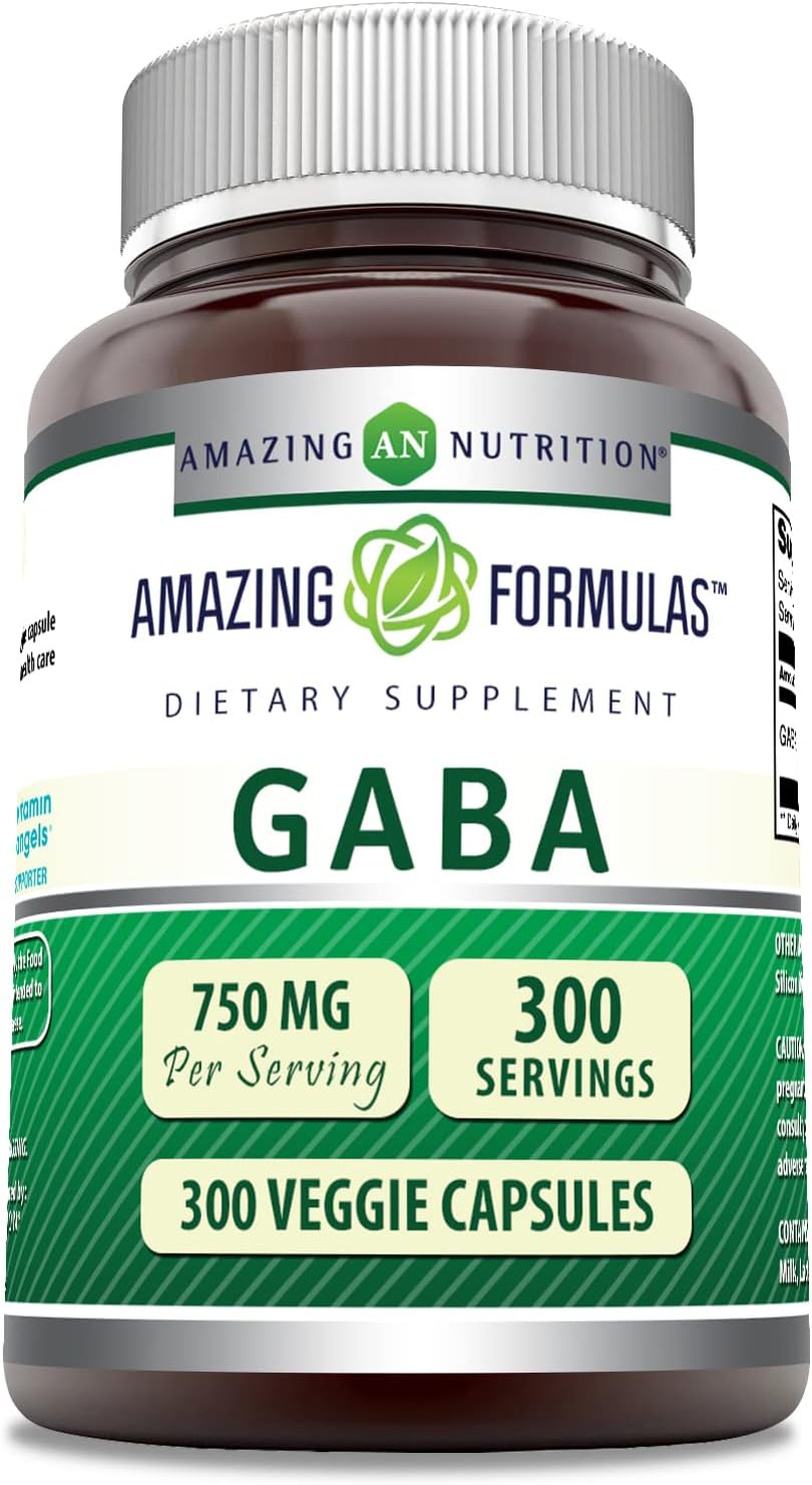 Amazing Formulas Pharma GABA 750mg Per Serving 300 Veggie Capsules Supplement | Non-GMO | Gluten Free | Made in USA | Ideal for Vegetarians