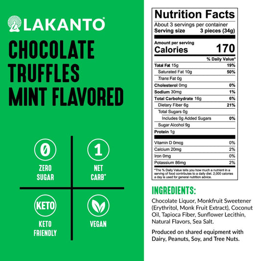 Lakanto Sugar Free Chocolate Truffles - Sweetened with Monk Fruit, Keto Diet Friendly, Vegan, 1 Net Carb, Creamy, Smooth, Delicious (Mint -Pack of 3)