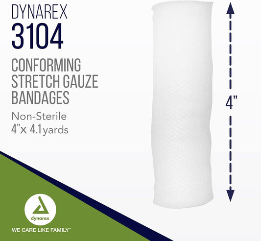 Dynarex Stretch Gauze Bandages, 4" X 4.1 Yds, Non-Sterile & Latex-Free, Provides Wound Care In Medical And Home Environments, Individually Rolled, 1 Case - 8 Boxes Of 12 Bandages